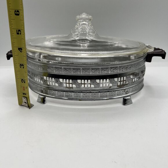 Pyrex 1.5qt Vintage Oval Glass Casserole Dish Etched Silver Plated Footed Holder - Picture 9 of 16
